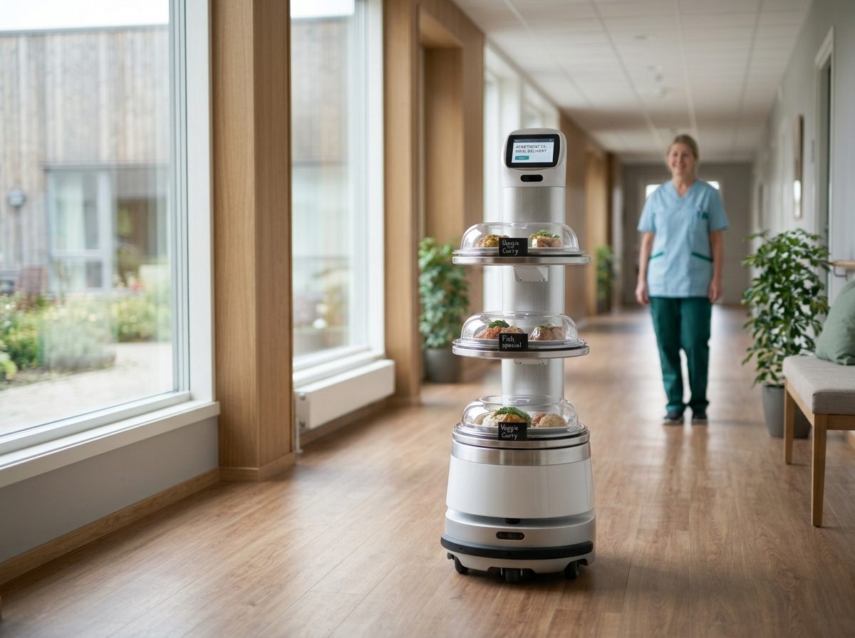 Leveringsrobot i korridor på sykehjem